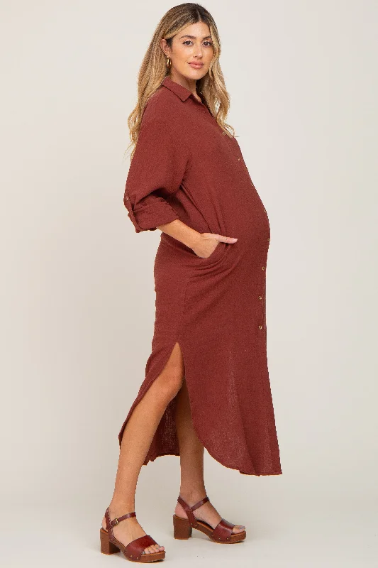 Rust Button Down 3/4 Sleeve Maternity Midi Dress