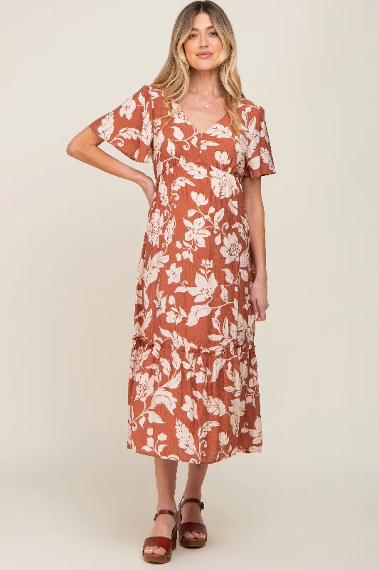 Rust Tropical Print Ruffle Maternity Midi Dress