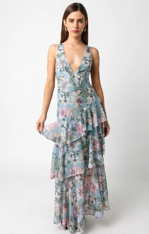 Stella Dusty Blue Floral Tiered Ruffle Maxi Dress