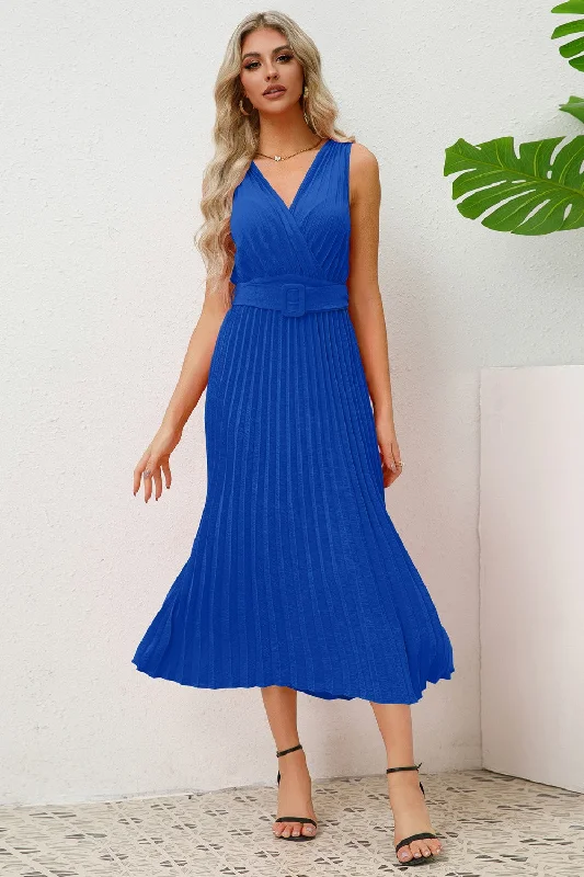 Surplice Sleeveless Midi Pleated Dress