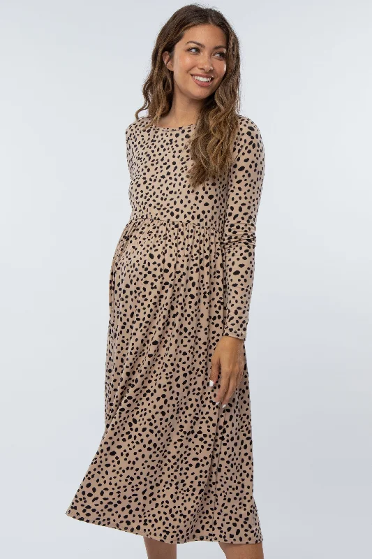 Taupe Abstract Animal Print Maternity Midi Dress