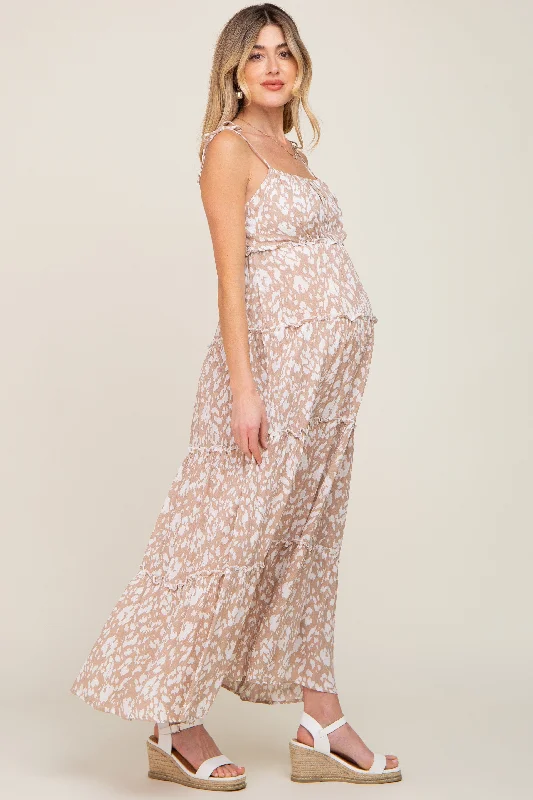 Taupe Animal Print Tiered Maternity Maxi Dress