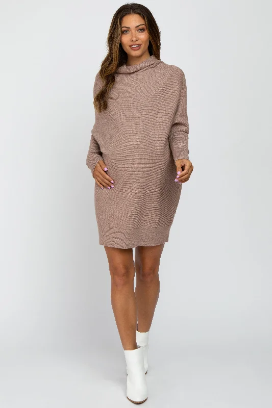 Taupe Funnel Neck Dolman Sleeve Maternity Mini Dress