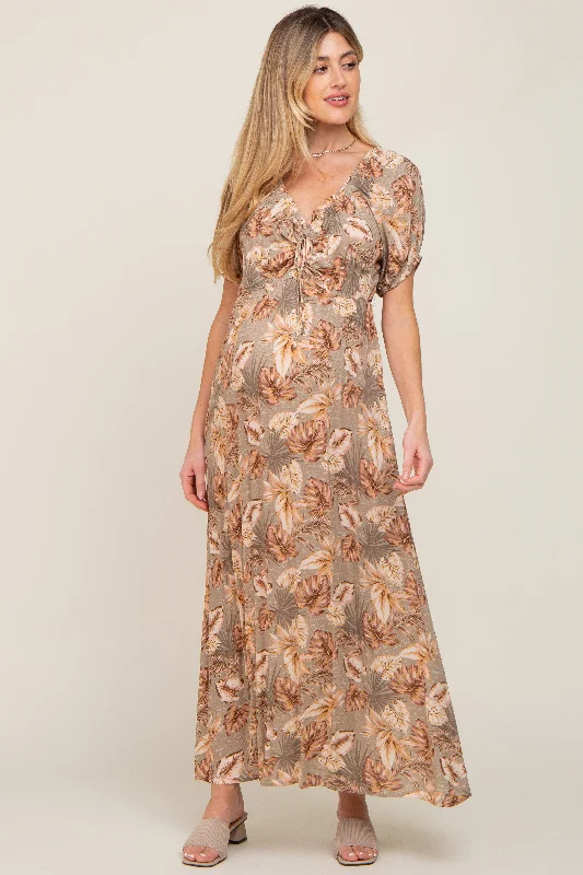 Taupe Leaf Print Cinched Accent Maternity Maxi Dress