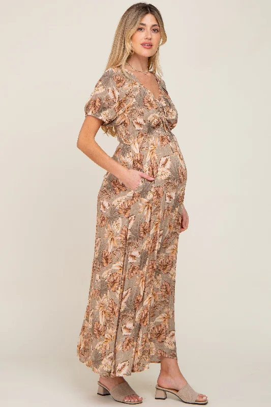 Taupe Leaf Print Cinched Accent Maternity Maxi Dress