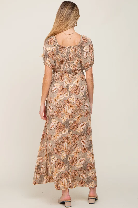 Taupe Leaf Print Cinched Accent Maternity Maxi Dress