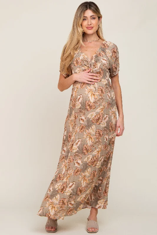 Taupe Leaf Print Cinched Accent Maternity Maxi Dress