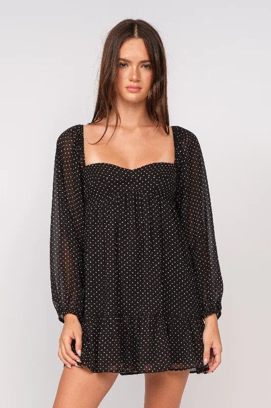 Trish Black Dot Long Sleeve Babydoll Mini Dress