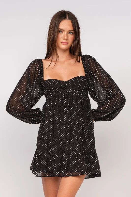 Trish Black Dot Long Sleeve Babydoll Mini Dress