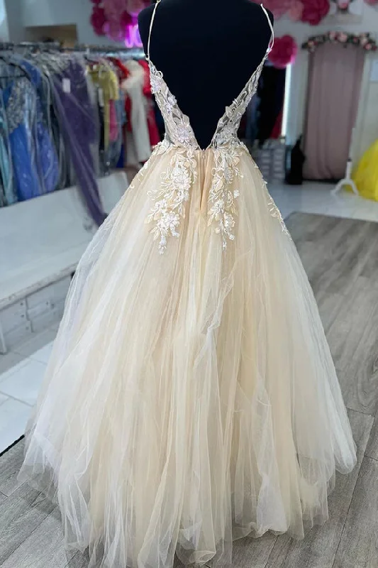 V Neck Champagne Tulle Lace Wedding Dresses Bridal Gown WD706