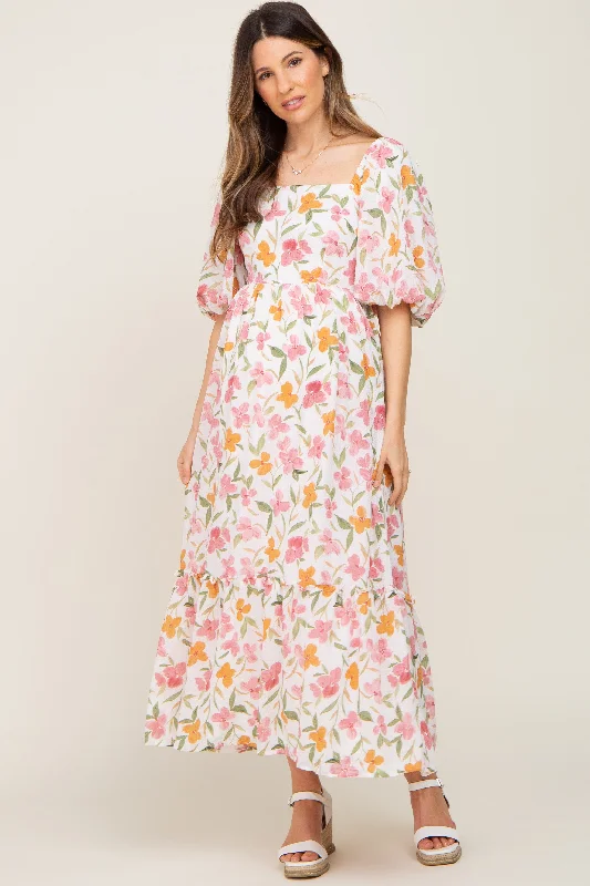 White Floral Puff Sleeve Maternity Maxi Dress