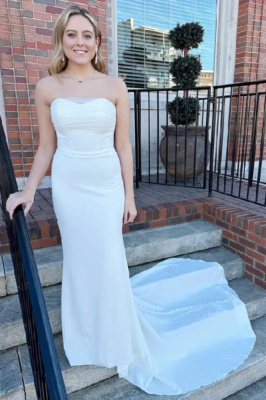 White Strapless Mermaid Long Modest Wedding Dress WD705