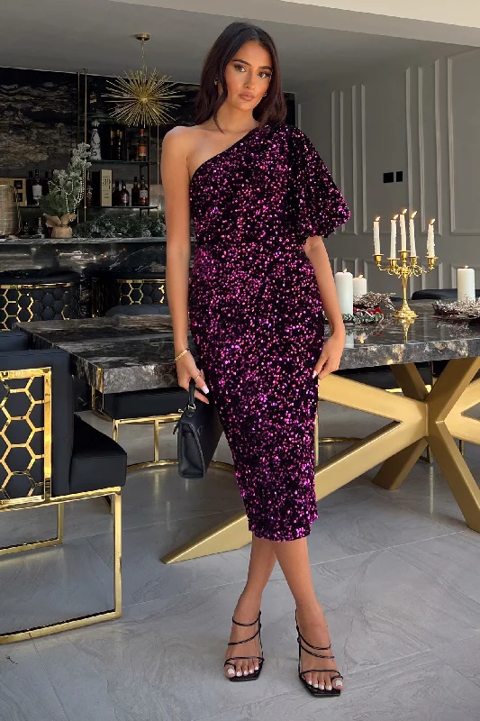 Willow Purple Velvet Sequin One Shoulder Midi Dress