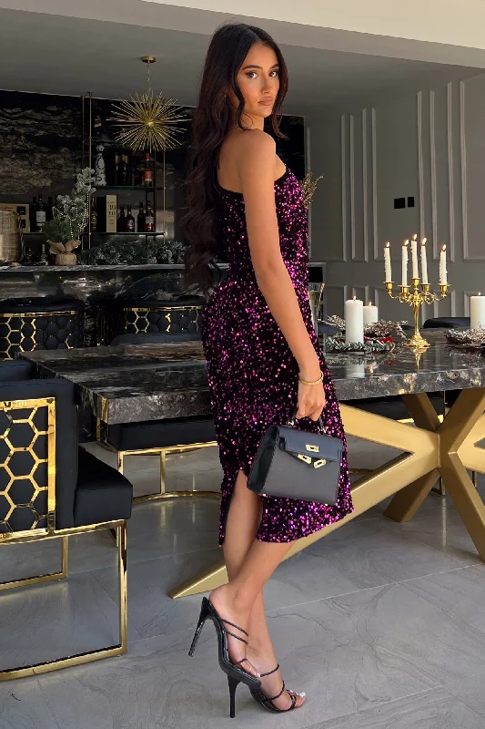 Willow Purple Velvet Sequin One Shoulder Midi Dress