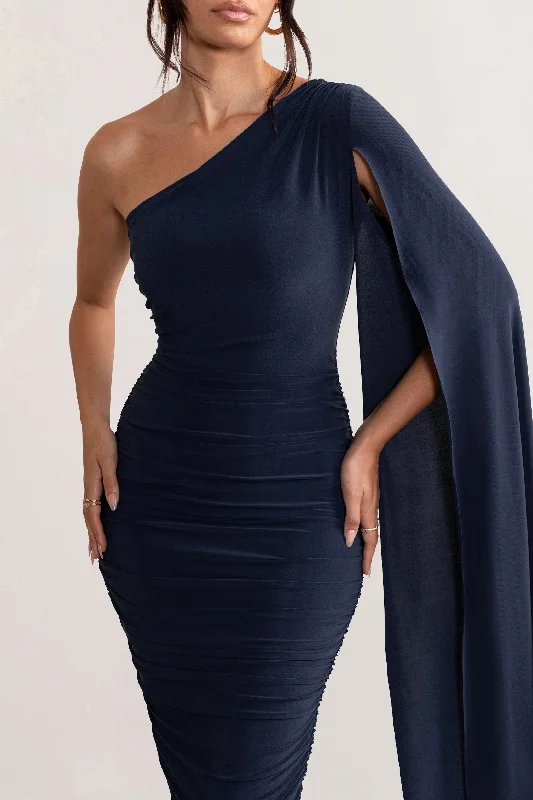 Yara | Navy One Shoulder Cape Ruched Midi Dress