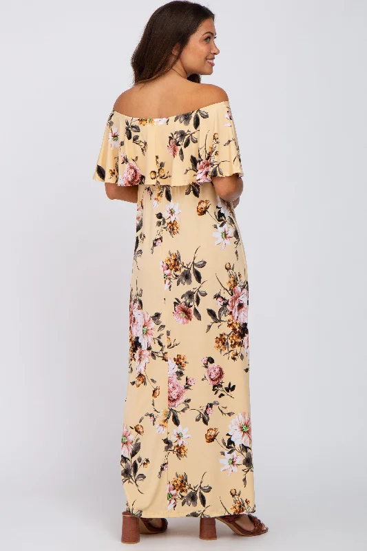 Yellow Floral Off Shoulder Maternity Maxi Dress