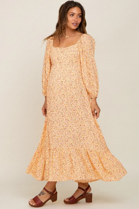 Yellow Floral Square Neck 3/4 Sleeve Maternity Midi Dress