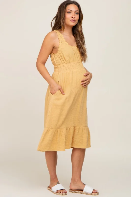 Yellow Gauze Smocked Waist Lettuce Trim Maternity Midi Dress