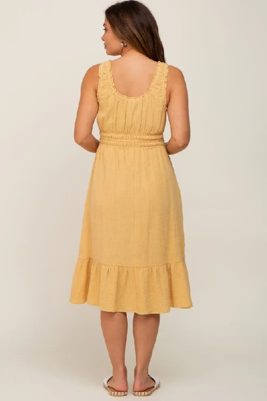 Yellow Gauze Smocked Waist Lettuce Trim Maternity Midi Dress