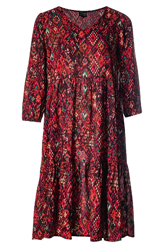 V neck Cotton Rayon Dress | Berry Mosaic | 6543ZZ