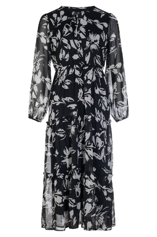 Printed Chiffon Dress with ruffles | Blk Ivory Flower Lurex | 8555ZZ