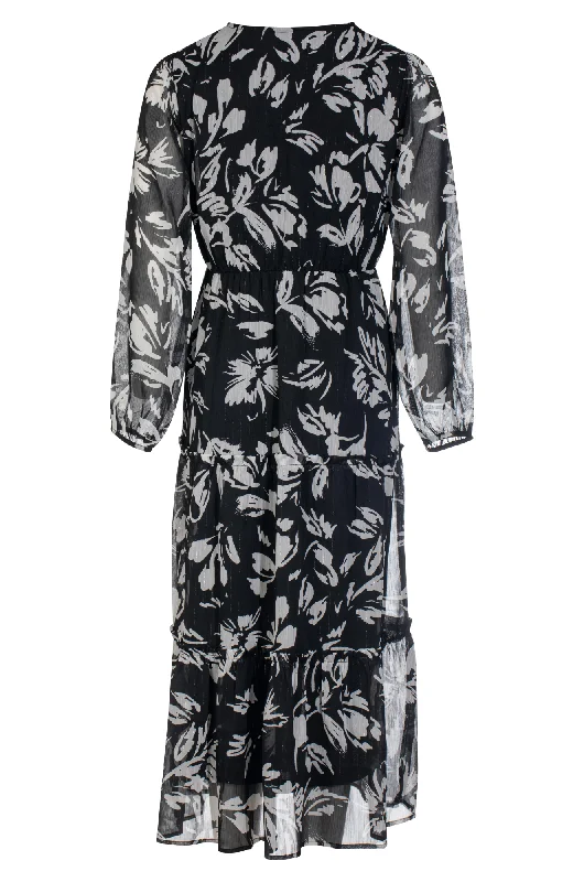 Printed Chiffon Dress with ruffles | Blk Ivory Flower Lurex | 8555ZZ