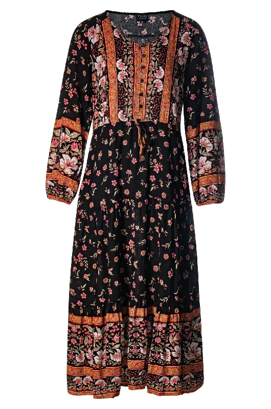 Rayon Dress with border print | Blk Pink Grdn Border | 6321ZZ