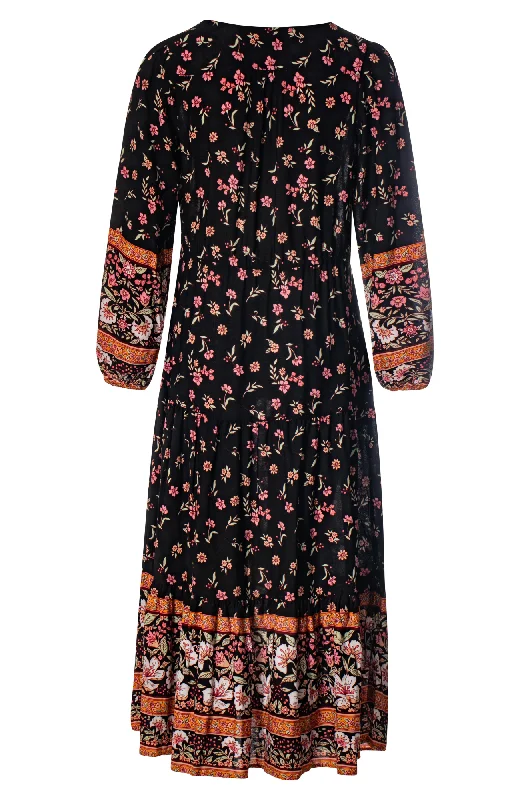 Rayon Dress with border print | Blk Pink Grdn Border | 6321ZZ