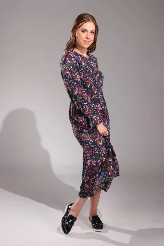 Shirred front Cotton Rayon Dress | Navy Olive Floral | 6542ZZ