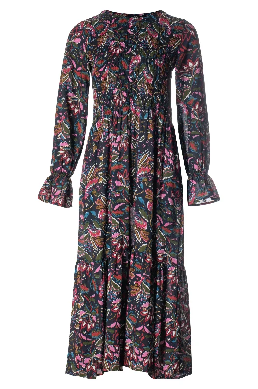 Shirred front Cotton Rayon Dress | Navy Olive Floral | 6542ZZ