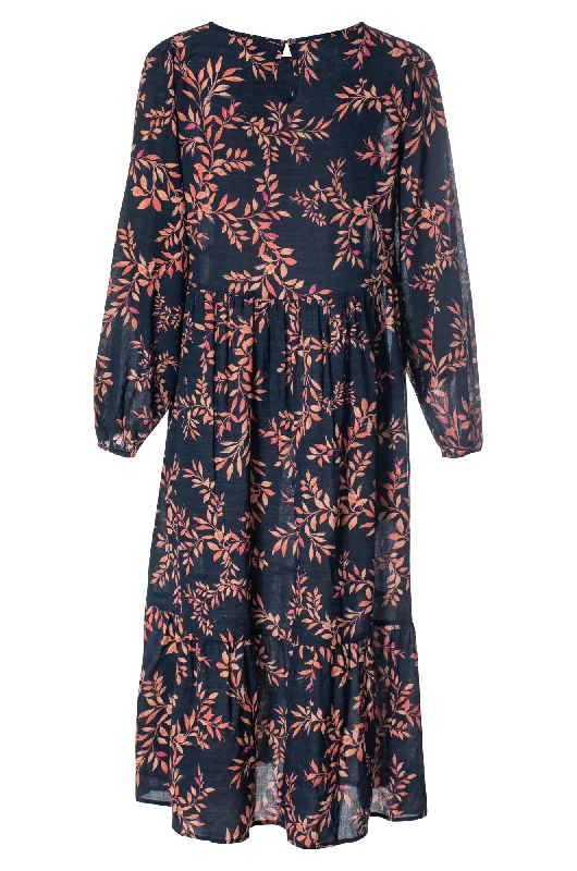 Printed Cotton Rayon Dress | Navy Spice Leaf | 6541ZZ