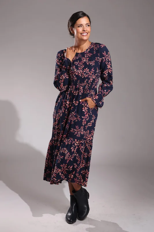 Shirred front Cotton Rayon Dress | Navy Spice Leaf | 6542ZZ