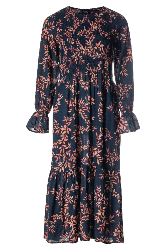 Shirred front Cotton Rayon Dress | Navy Spice Leaf | 6542ZZ