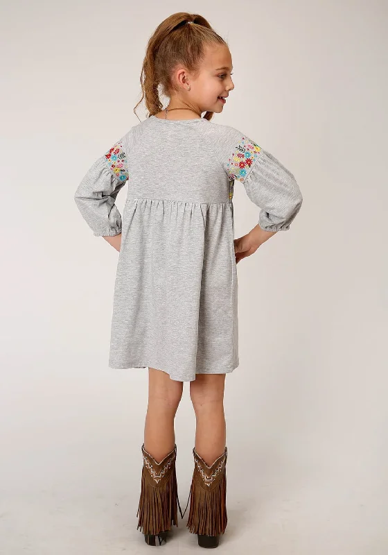 Roper Girls Grey Cotton Blend Milange Floral S/S Dress