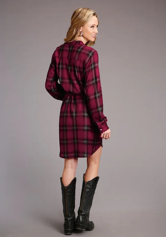 Stetson Womens Ombre Plaid Wine 100% Rayon L/S Dress