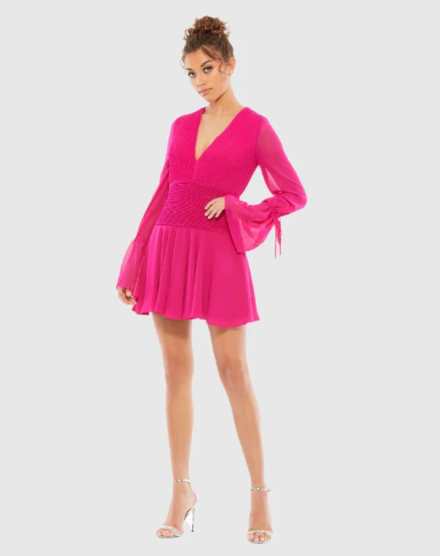 Pleated Bell Sleeve Chiffon Mini Dress - FINAL SALE