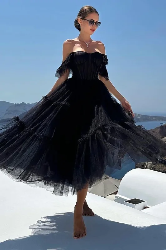 Black A-Line Sweetheart Midi Tulle Cocktail Dress