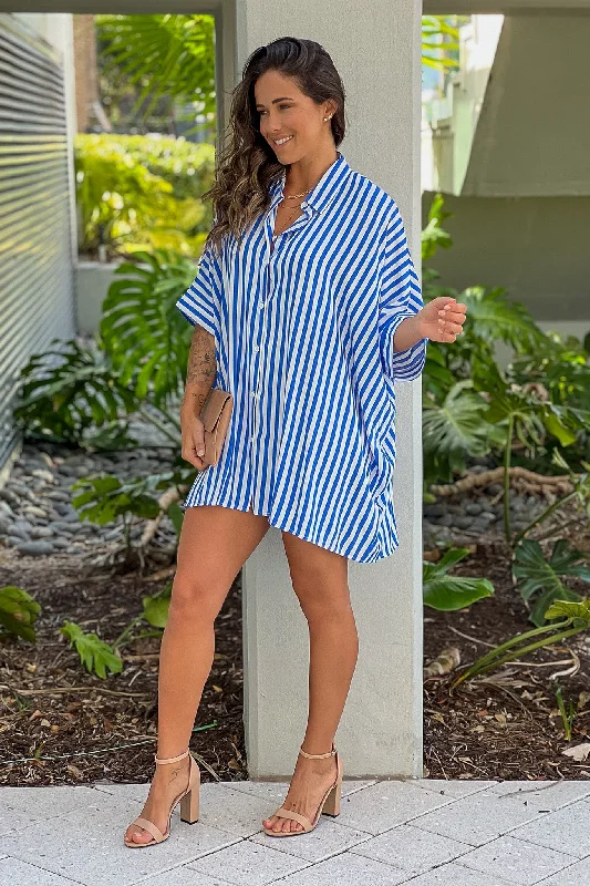 Blue Striped Button Down Shirt Dress