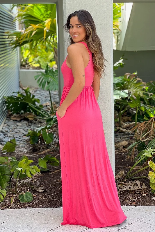 Coral Racerback Maxi Dress with Pockets