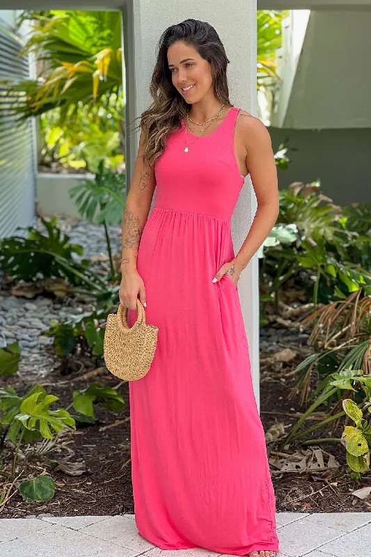 Coral Racerback Maxi Dress with Pockets