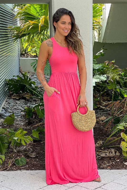 Coral Racerback Maxi Dress with Pockets