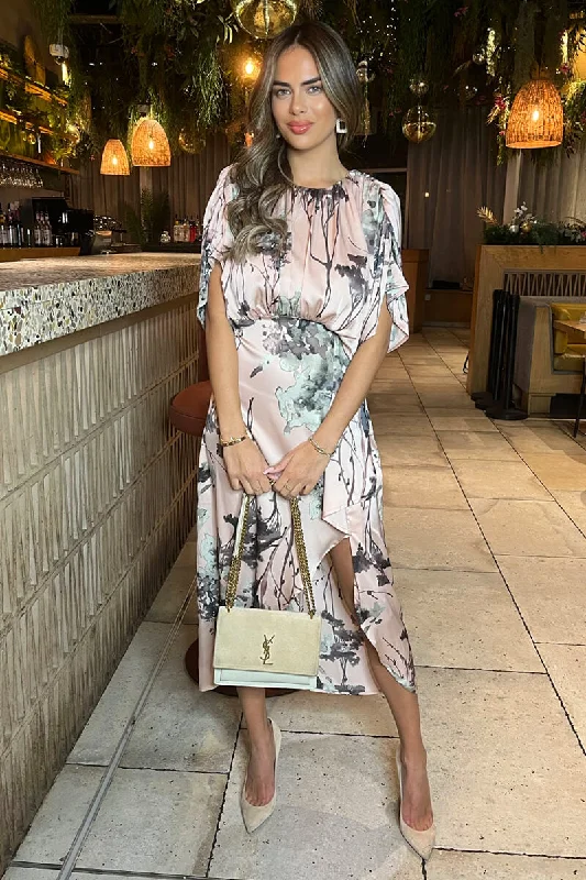 Dusty Pink Printed Batwing Top Wrap Skirt Midi Dress