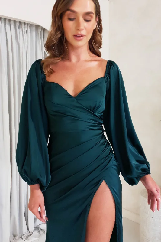 Jaela Soft Satin Long Sleeve Maxi Gown | Emerald Green