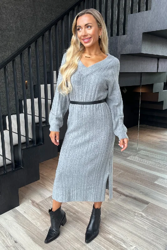 Mid-Grey V-Neck Knitted Midi Dress