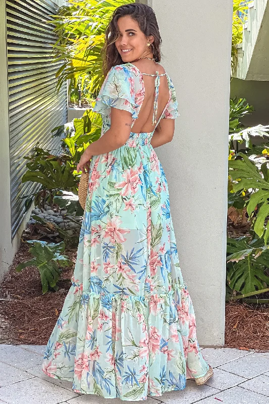 Mint Floral V-Neck Maxi Dress With Open Back