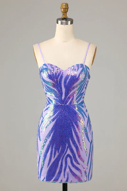 Purple Spaghetti Straps Sequin Bodycon Homecoming Dress