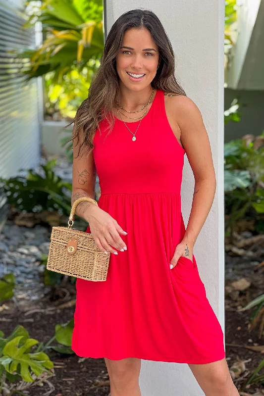 Red Racerback Short Dress with Pockets