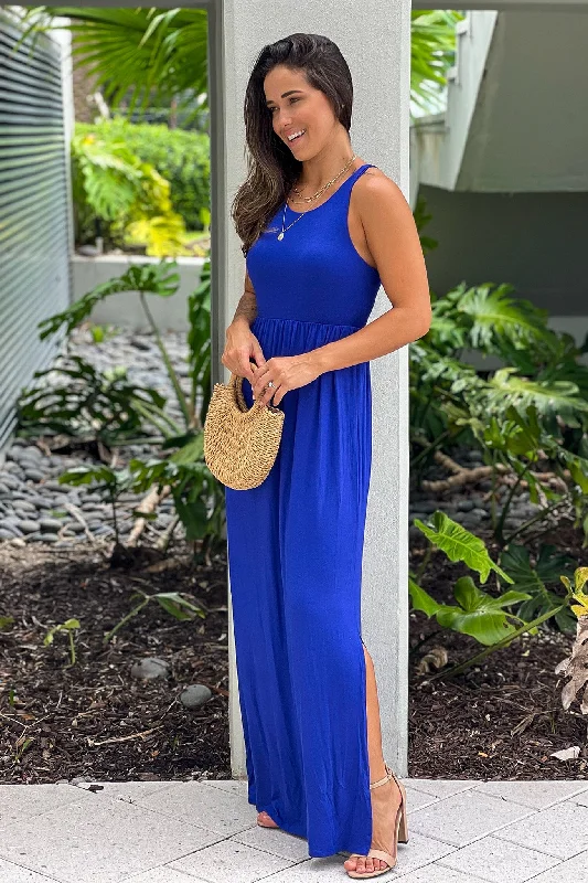 Royal Blue Racer Back Maxi Dress With Side Slit