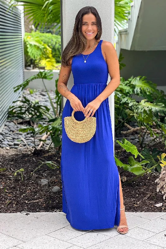 Royal Blue Racer Back Maxi Dress With Side Slit