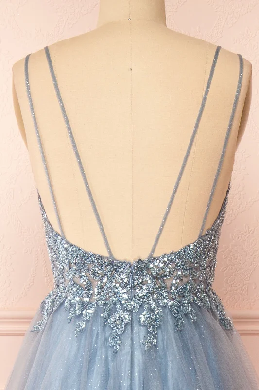 Aethera Blue Grey | Sparkling Beaded A-Line Maxi Dress